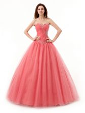 Superior Sweetheart Sleeveless Quince Ball Gowns Floor Length Beading and Ruching Watermelon Red Tulle