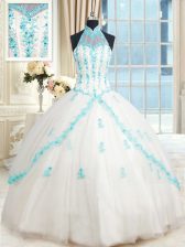 Cheap Halter Top Sleeveless Tulle Floor Length Lace Up Sweet 16 Dresses in White with Beading and Appliques