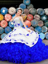 New Arrival White and Blue Sleeveless Brush Train Embroidery and Ruffles With Train Sweet 16 Dresses