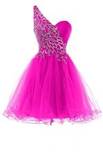 Fine Fuchsia Dress for Prom Prom and Party with Beading One Shoulder Sleeveless Zipper