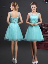 Stunning Scoop Mini Length A-line Sleeveless Aqua Blue Dama Dress for Quinceanera Lace Up