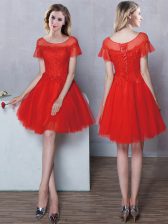 Exceptional Scoop Red Tulle Lace Up Vestidos de Damas Short Sleeves Mini Length Lace