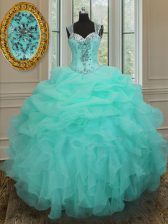  Straps Apple Green Zipper 15th Birthday Dress Beading and Ruffles Sleeveless Floor Length