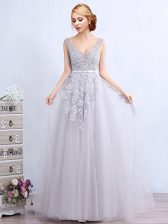 Sweet Grey Sleeveless Tulle Brush Train Backless Dress for Prom for Prom