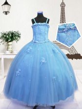  Floor Length Zipper Little Girl Pageant Gowns Baby Blue for Party and Wedding Party with Beading and Appliques
