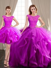 Popular Three Piece With Train Fuchsia Quinceanera Gowns Scoop Cap Sleeves Brush Train Lace Up