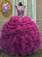 Fine Scoop Fuchsia Sleeveless Beading and Ruffles and Pick Ups Floor Length Vestidos de Quinceanera