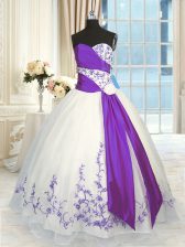 Captivating White And Purple Sweetheart Neckline Embroidery and Sashes ribbons Quinceanera Gown Sleeveless Lace Up