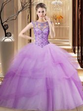 Beauteous Lilac Lace Up Scoop Beading and Ruffled Layers Quinceanera Gown Tulle Sleeveless Brush Train