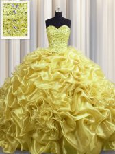 Sleeveless With Train Beading and Pick Ups Lace Up Quinceanera Dress with Gold Court Train