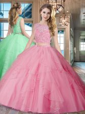 Attractive Rose Pink Lace Up Quinceanera Gowns Lace and Ruffles Sleeveless With Brush Train