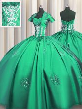 Customized Floor Length Turquoise Sweet 16 Dress Sweetheart Short Sleeves Lace Up