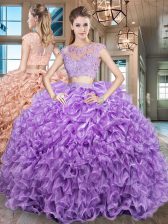 Clearance Purple Zipper Scoop Beading and Appliques and Ruffles Ball Gown Prom Dress Organza Cap Sleeves