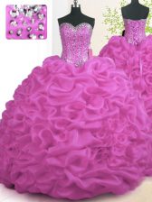 Edgy Sweetheart Sleeveless Brush Train Lace Up Vestidos de Quinceanera Fuchsia Organza