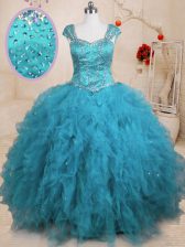 Charming Cap Sleeves Floor Length Beading and Ruffles Lace Up Ball Gown Prom Dress with Baby Blue