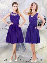 Top Selling Scoop See Through Purple Sleeveless Lace and Appliques Knee Length Quinceanera Court of Honor Dress