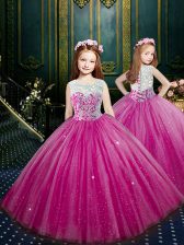  Tulle Scoop Sleeveless Clasp Handle Beading and Appliques Little Girl Pageant Gowns in Eggplant Purple