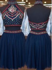 Edgy Navy Blue A-line Embroidery Prom Dress Zipper Organza Sleeveless Knee Length