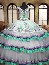  Ruffled Ball Gowns Sweet 16 Dress White Straps Organza and Taffeta Sleeveless Floor Length Lace Up