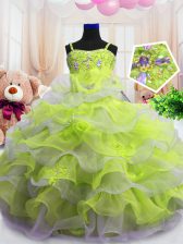  Light Yellow Spaghetti Straps Zipper Beading and Ruffled Layers Child Pageant Dress Sleeveless