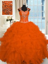 Fashionable Straps Cap Sleeves Lace Up Quinceanera Dress Orange Red Organza