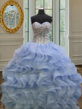 Glittering Lavender Sleeveless Floor Length Beading and Ruffles Lace Up 15 Quinceanera Dress