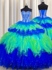 Sumptuous Bling-bling Visible Boning Beading and Ruffles and Ruffled Layers and Sequins Sweet 16 Dress Multi-color Lace Up Sleeveless Floor Length