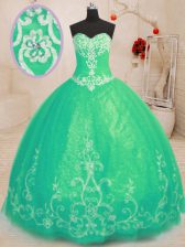  Floor Length Turquoise Quinceanera Dress Tulle Sleeveless Beading and Embroidery
