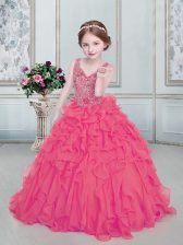  Beading and Ruffles Pageant Gowns For Girls Watermelon Red Lace Up Sleeveless Floor Length