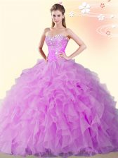  Lilac Ball Gowns Organza Sweetheart Sleeveless Beading and Ruffles Floor Length Lace Up Quinceanera Dresses