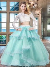  Scoop Lace Ruffled Floor Length Two Pieces Long Sleeves Aqua Blue Quinceanera Gowns Zipper
