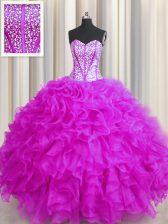  Visible Boning Beaded Bodice Fuchsia Sweetheart Lace Up Beading and Ruffles Quinceanera Dresses Sleeveless