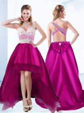  Fuchsia Criss Cross Prom Gown Beading Sleeveless High Low
