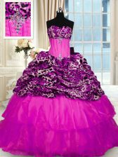 Spectacular Fuchsia 15th Birthday Dress Organza and Printed Sweep Train Sleeveless Beading and Ruffled Layers and Sequins