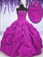 Gorgeous Fuchsia Ball Gowns Taffeta Strapless Sleeveless Embroidery and Pick Ups Floor Length Lace Up Quinceanera Gowns