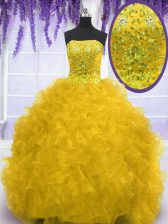  Sleeveless Organza With Brush Train Lace Up Quinceanera Dresses in Gold with Beading and Ruffles