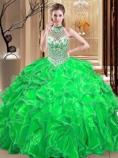 Sumptuous Halter Top Ball Gowns Beading and Ruffles Quinceanera Gowns Lace Up Organza Sleeveless Floor Length