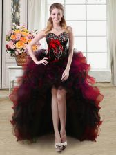 Sexy Beading and Ruffles and Hand Made Flower Dress for Prom Red Lace Up Sleeveless High Low