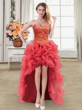  Coral Red Organza Lace Up Sweetheart Sleeveless High Low Homecoming Dress Beading and Ruffles