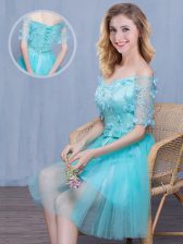 Vintage Aqua Blue Off The Shoulder Lace Up Lace and Appliques and Bowknot Vestidos de Damas Short Sleeves
