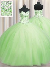Suitable Bling-bling Big Puffy Yellow Green Ball Gowns Tulle Sweetheart Sleeveless Beading Floor Length Lace Up Quince Ball Gowns
