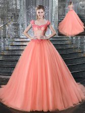 Shining Straps Tulle Sleeveless With Train Quinceanera Gowns Brush Train and Beading
