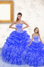 Pretty Royal Blue Spaghetti Straps Lace Up Beading and Ruffles and Pick Ups Quinceanera Gown Sleeveless
