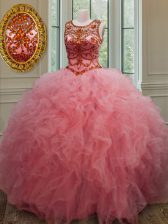 Clearance Scoop Sleeveless Tulle Quinceanera Gown Beading and Ruffles Lace Up