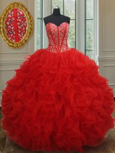 Customized Red Organza Lace Up Sweetheart Sleeveless Floor Length Vestidos de Quinceanera Beading and Ruffles