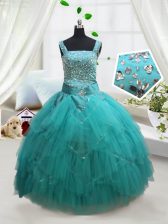  Square Beading and Ruffles and Belt Little Girls Pageant Dress Wholesale Turquoise Lace Up Sleeveless Floor Length