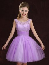  Lilac Lace Up Scoop Lace and Ruching Quinceanera Dama Dress Tulle Sleeveless