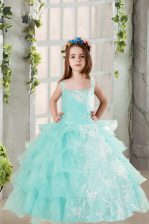 Amazing Sleeveless Floor Length Lace and Ruffled Layers Lace Up Kids Pageant Dress with Light Blue