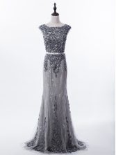 Lovely Mermaid Scoop Grey Lace Zipper Sleeveless Brush Train Beading