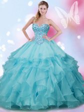  Aqua Blue Sleeveless Floor Length Beading and Ruffles Lace Up 15 Quinceanera Dress
